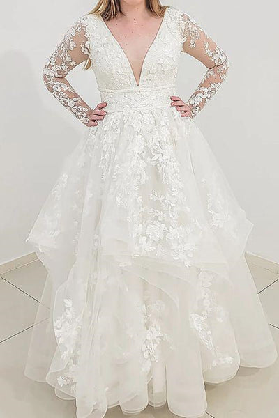 V Neck Long Sleeves White Lace Tulle Prom Dress, Layered White Lace Wedding Dress, White Formal Evening Dress A1707