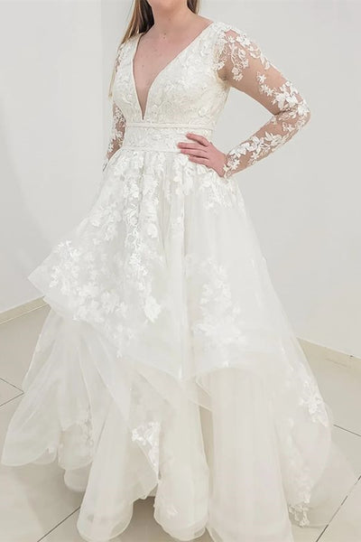 V Neck Long Sleeves White Lace Tulle Prom Dress, Layered White Lace Wedding Dress, White Formal Evening Dress A1707