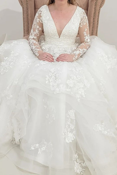 V Neck Long Sleeves White Lace Tulle Prom Dress, Layered White Lace Wedding Dress, White Formal Evening Dress A1707