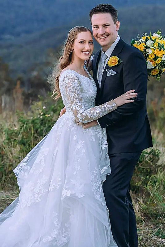 V Neck Long Sleeves White Lace Tulle Prom Dress, Layered White Lace Wedding Dress, White Formal Evening Dress A1707 V Neck Long Sleeves White Lace Tulle Prom Dress, Layered White Lace Wedding Dress, White Formal Evening Dress A1707