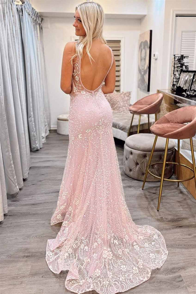 V Neck Mermaid Backless Pink Lace Long Prom Dress, Mermaid Pink Formal abcprom V Neck Mermaid Backless Pink Lace Long Prom Dress, Mermaid Pink Formal abcprom
