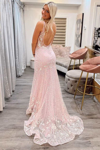 V Neck Mermaid Backless Pink Lace Long Prom Dress, Mermaid Pink Formal Dress, Pink Lace Evening Dress A1549