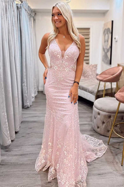V Neck Mermaid Backless Pink Lace Long Prom Dress, Mermaid Pink Formal Dress, Pink Lace Evening Dress A1549