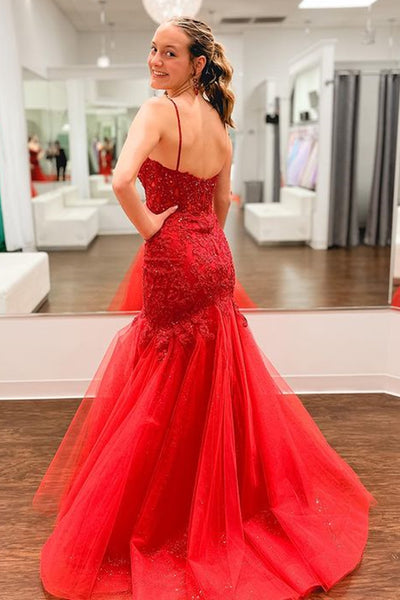 V Neck Mermaid Beaded Red Lace Long Prom Dresses, Mermaid Red Formal Dresses, Red Lace Evening Dresses A1850