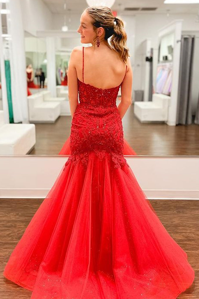 V Neck Mermaid Beaded Red Lace Long Prom Dresses, Mermaid Red Formal D abcprom V Neck Mermaid Beaded Red Lace Long Prom Dresses, Mermaid Red Formal D abcprom