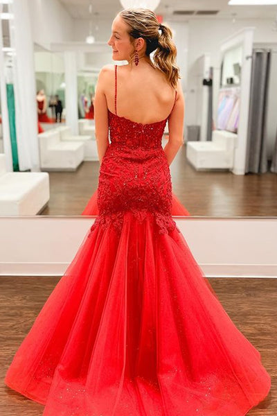 V Neck Mermaid Beaded Red Lace Long Prom Dresses, Mermaid Red Formal Dresses, Red Lace Evening Dresses A1850