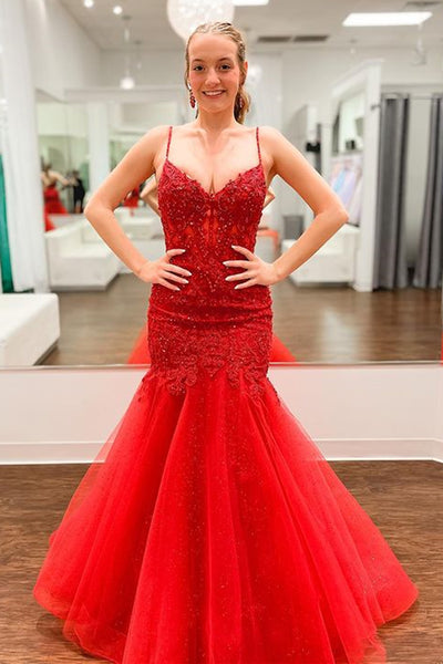 V Neck Mermaid Beaded Red Lace Long Prom Dresses, Mermaid Red Formal Dresses, Red Lace Evening Dresses A1850