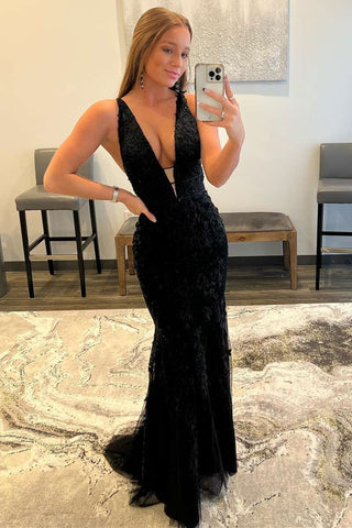 V Neck Mermaid Black Lace Long Prom Dress, Mermaid Black Formal Dress, Black Lace Evening Dress A1571