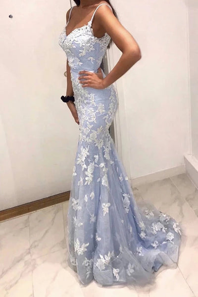 V Neck Mermaid Blue Lace Long Prom Dress, Mermaid Baby Blue Formal Dress, Blue Lace Evening Dress