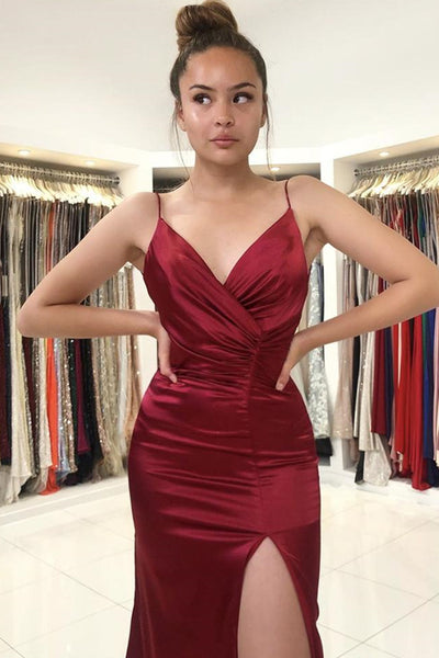 V Neck Mermaid Burgundy Satin Long Prom Dress with High Slit, Mermaid Burgundy Formal Graduation Evening Dress