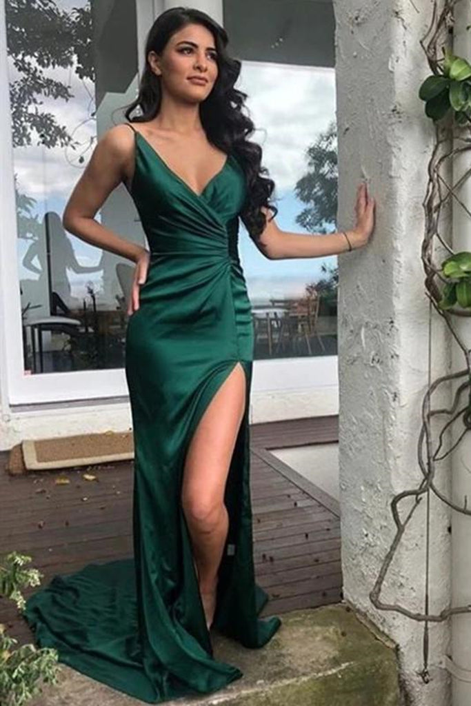 V Neck Mermaid Emerald Green Satin Long Prom Dress with Train, Mermaid Emerald Green Formal Graduation Evening Dress