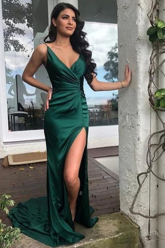 V Neck Mermaid Emerald Green Satin Long Prom Dress with Train, Mermaid abcprom V Neck Mermaid Emerald Green Satin Long Prom Dress with Train, Mermaid abcprom