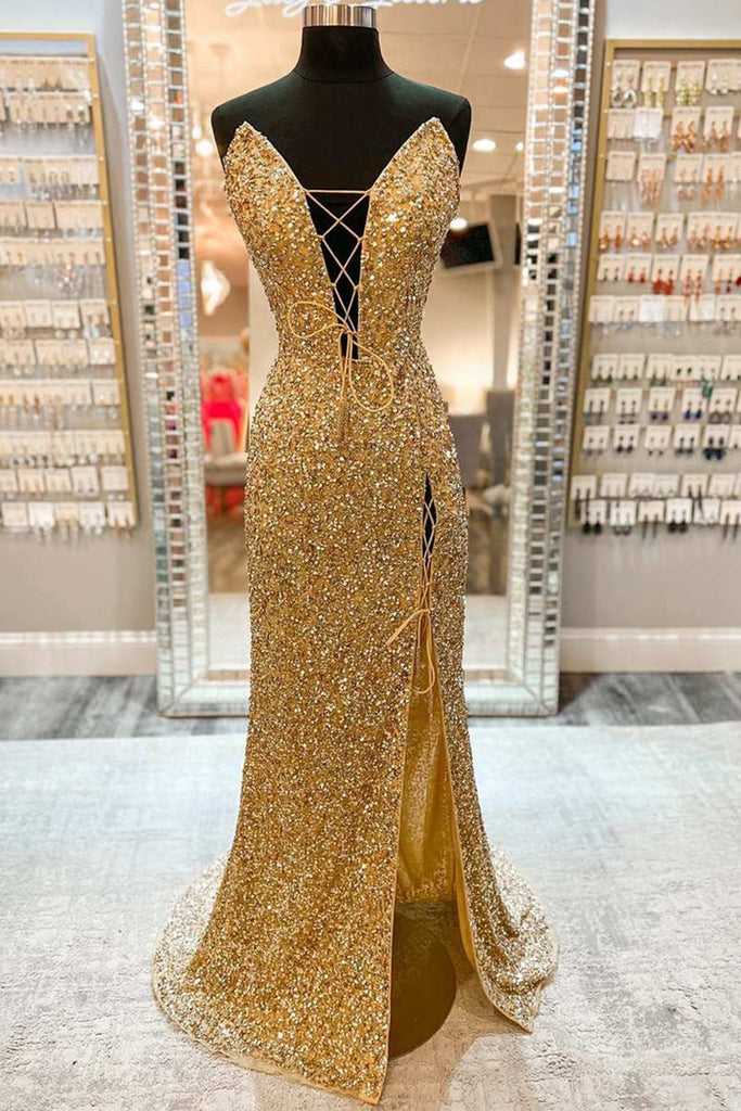 V Neck Mermaid Golden Sequins Long Prom Dress with High Slit, Mermaid