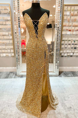 V Neck Mermaid Golden Sequins Long Prom Dress with High Slit, Mermaid Golden Formal Dress, Gold Sequins Evening Dress A1802
