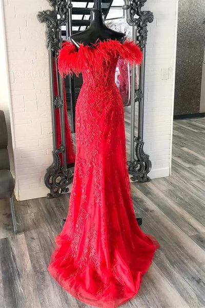 V Neck Mermaid Off Shoulder Red Lace Long Prom Dress, Mermaid Red Formal Dress, Red Lace Evening Dress A1789