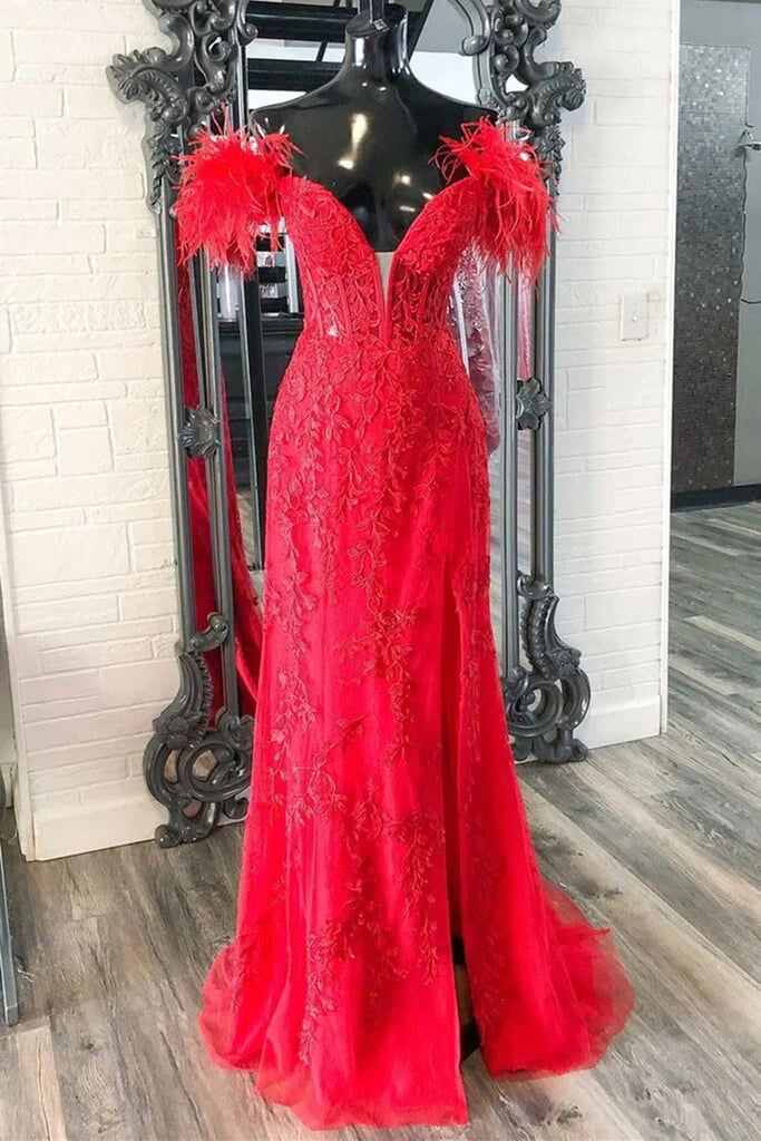 V Neck Mermaid Off Shoulder Red Lace Long Prom Dress, Mermaid Red Formal Dress, Red Lace Evening Dress A1789