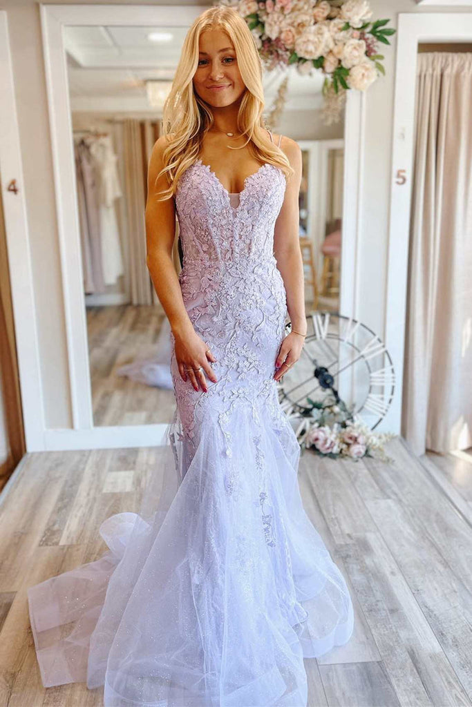 V Neck Mermaid Purple Lace Floral Long Prom Dress, Lavender Lace Forma – abcprom