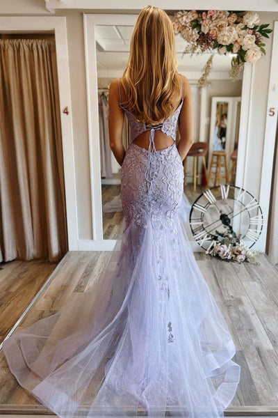 V Neck Mermaid Purple Lace Floral Long Prom Dress, Lavender Lace Formal Dress, Lavender Evening Dress A1813