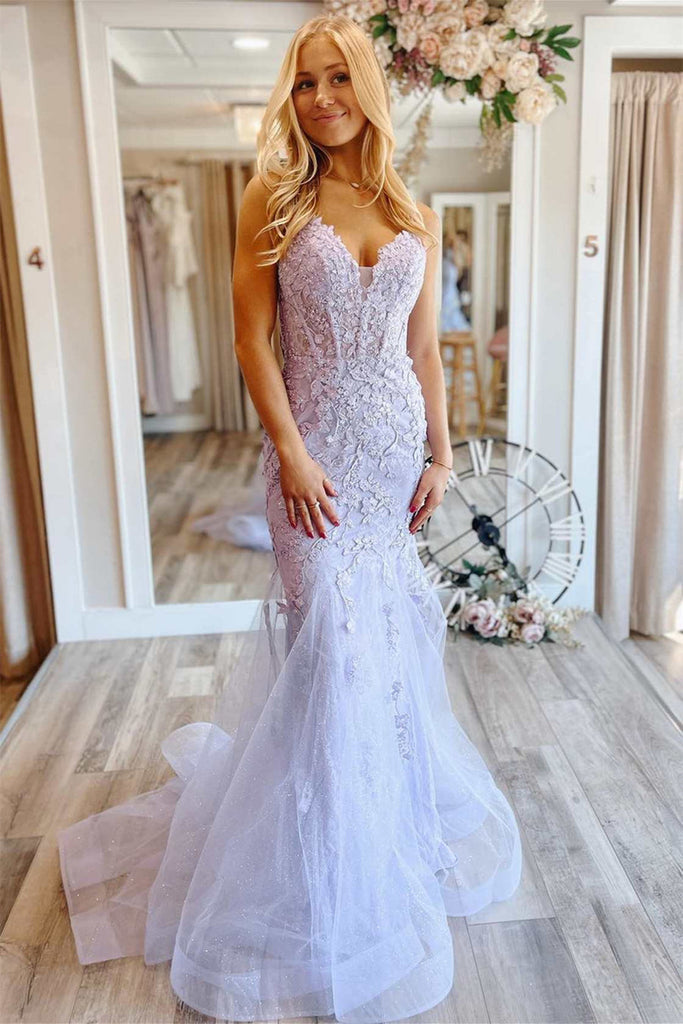 V Neck Mermaid Purple Lace Floral Long Prom Dress Lavender Lace Formal Dress Lavender Evening Dress A1813