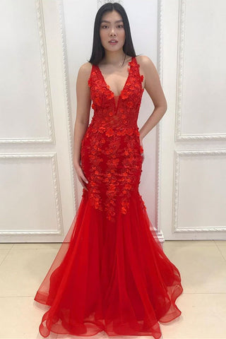 V Neck Mermaid Red Lace Floral Prom Dress, Long Mermaid Red Formal Dress, Red Lace Evening Dress