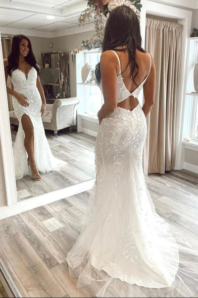 V Neck Mermaid White Lace Long Prom Dress with High Slit, Mermaid Lace Formal Dress, White Lace Evening Dress A1794