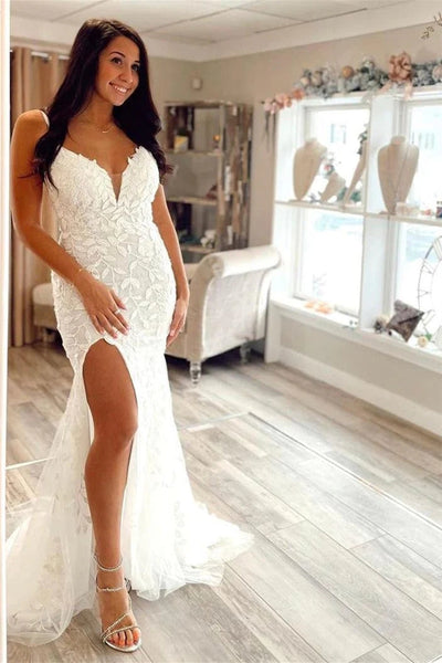 V Neck Mermaid White Lace Long Prom Dress with High Slit, Mermaid Lace Formal Dress, White Lace Evening Dress A1794