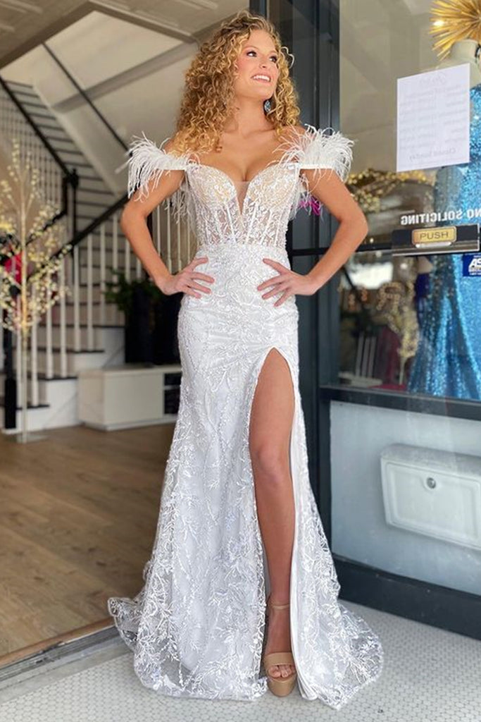 V Neck Mermaid White Lace Long Prom Dress with High Slit, Mermaid Whit