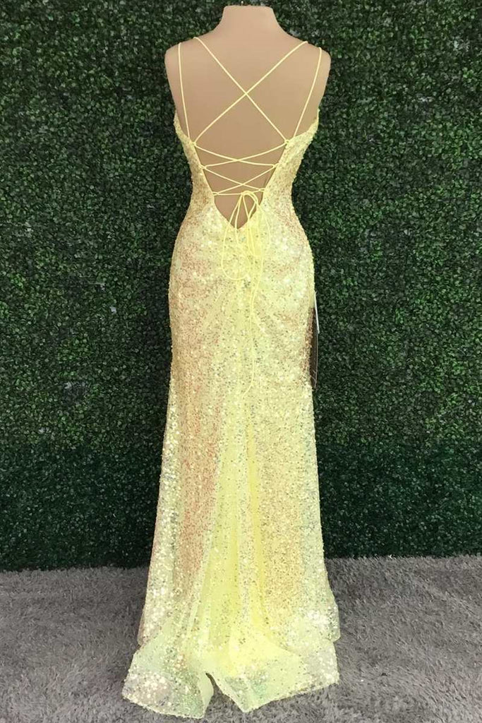 V Neck Mermaid Yellow Sequins Long Prom Dress with High Slit, Mermaid abcprom V Neck Mermaid Yellow Sequins Long Prom Dress with High Slit, Mermaid abcprom