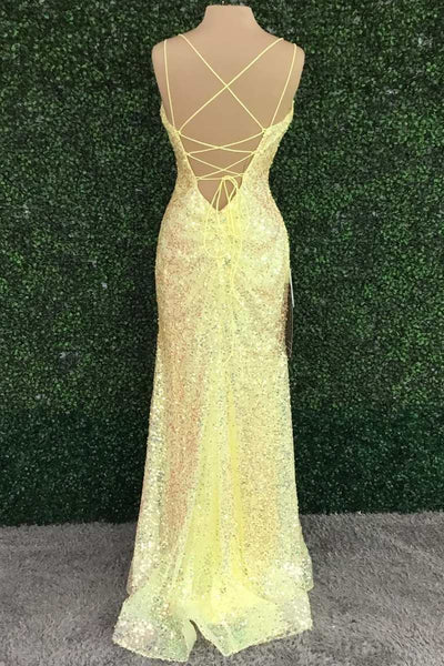 V Neck Mermaid Yellow Sequins Long Prom Dress with High Slit, Mermaid Yellow Formal Graduation Evening Dress A1790