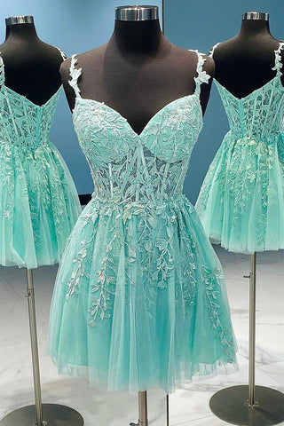 V Neck Mint Green Lace Short Prom Dress, Mint Green Lace Homecoming Dress, Mint Green Formal Evening Dress A1686