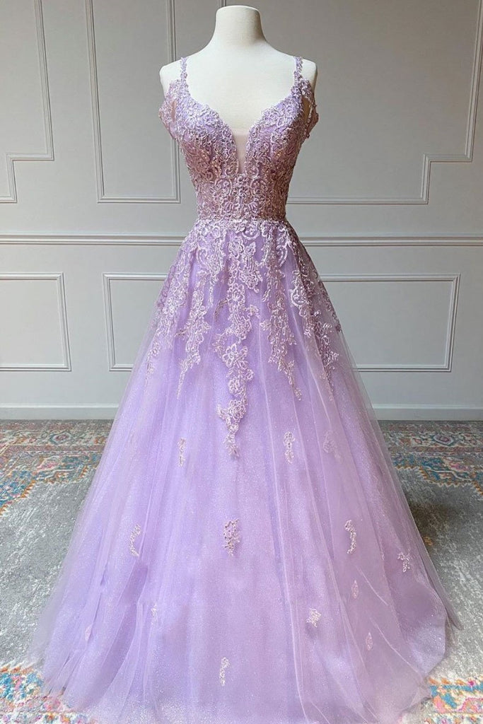 High Low V Neck Layered Purple Tulle Long Prom Dresses, High Low Lilac  Formal Dresses, Purple Evening Dresses A1669