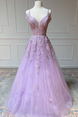 High Low V Neck Layered Purple Tulle Long Prom Dresses, High Low Lilac  Formal Dresses, Purple Evening Dresses A1669