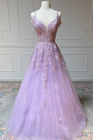V Neck Off Shoulder Long Lilac Lace Prom Dress, Off Shoulder Purple Lace Formal Graduation Evening Dress