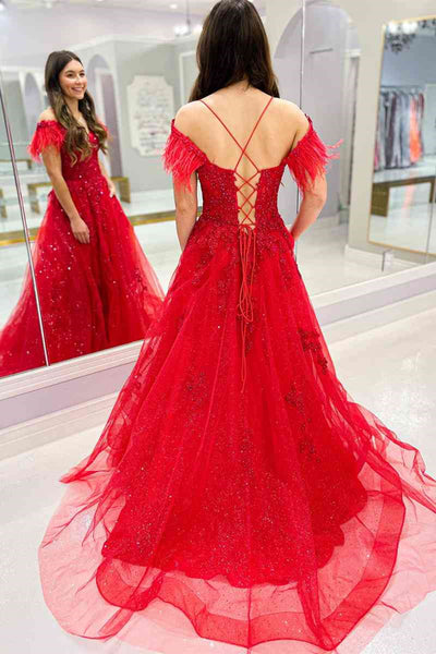 V Neck Off Shoulder Red Lace Long Prom Dress with High Slit, Red Lace Formal Dress, Red Evening Dress A1807