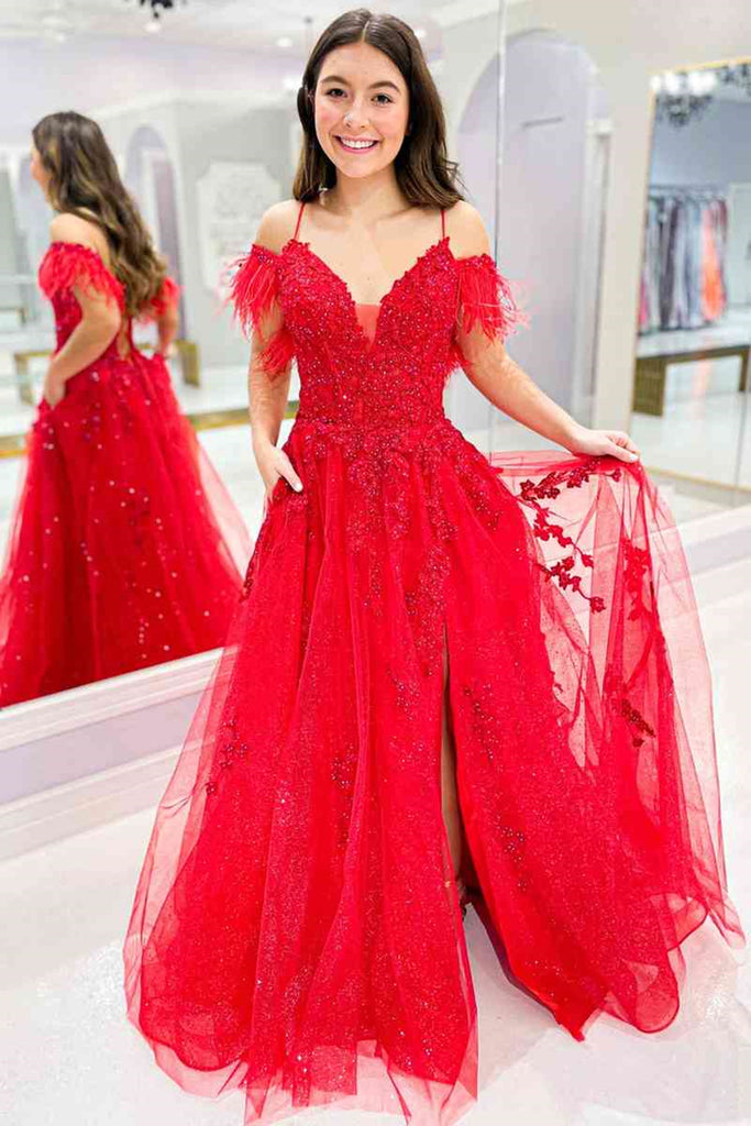 V Neck Off Shoulder Red Lace Long Prom Dress with High Slit, Red Lace Formal Dress, Red Evening Dress A1807