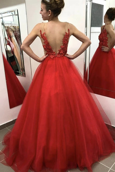 V Neck Open Back 3d Floral Red Lace Long Prom Dress, Red Lace Formal Graduation Evening Dress