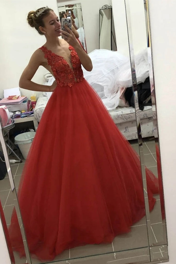 V Neck Open Back 3d Floral Red Lace Long Prom Dress, Red Lace Formal Graduation Evening Dress
