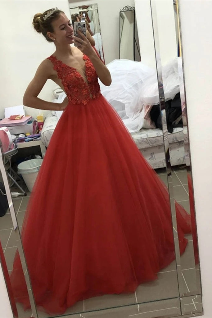 V Neck Open Back 3d Floral Red Lace Long Prom Dress, Red Lace Formal G abcprom V Neck Open Back 3d Floral Red Lace Long Prom Dress, Red Lace Formal G abcprom
