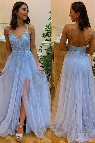 V Neck Open Back Beaded Light Blue Lace Long Prom Dress with High Slit, Light Blue Lace Tulle Formal Evening Dress A1557