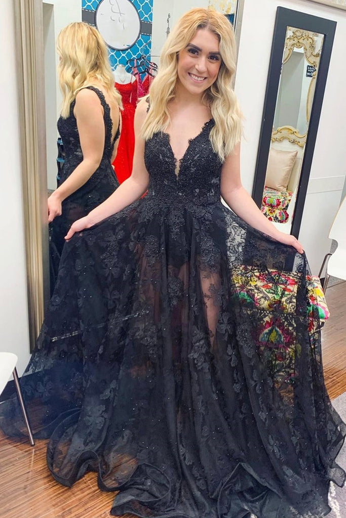 V Neck Open Back Black Lace Floral Prom Dress, Long Black Beaded Forma abcprom V Neck Open Back Black Lace Floral Prom Dress, Long Black Beaded Forma abcprom