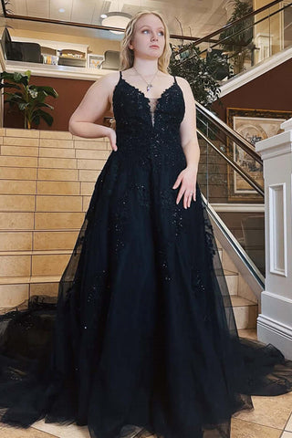 Gorgeous V Neck Beaded Black Lace Long Prom Dress, Black Lace Formal E –  abcprom