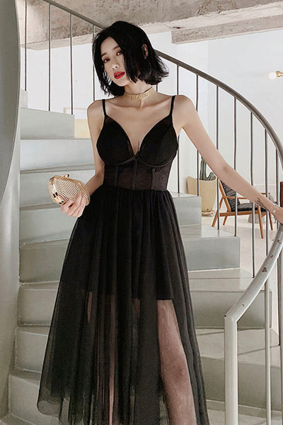V Neck Open Back Black Tea Length Prom Dress, Black Tulle Homecoming Dress, Black Formal Evening Dress A1676