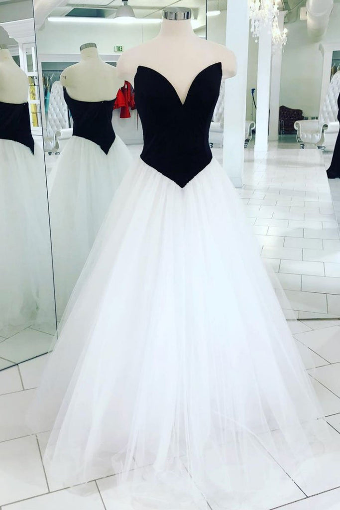 V Neck Open Back Black Velvet Top White Long Prom Dress, V Neck Black abcprom V Neck Open Back Black Velvet Top White Long Prom Dress, V Neck Black abcprom