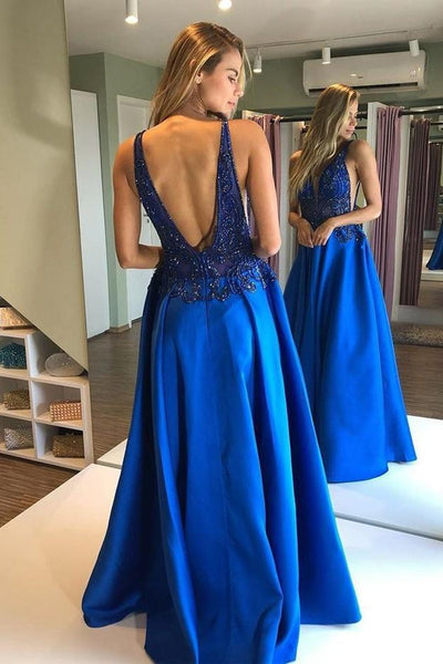 V Neck Open Back Blue Beaded Long Prom Dress, Open Back Blue Formal Dress, Blue Evening Dress A1329