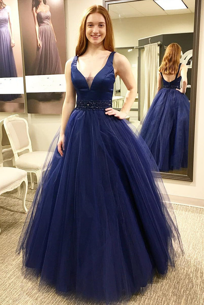 V Neck Open Back Blue Beaded Long Prom Dress, V Neck Blue Formal Dress, Beaded Blue Evening Dress A1381