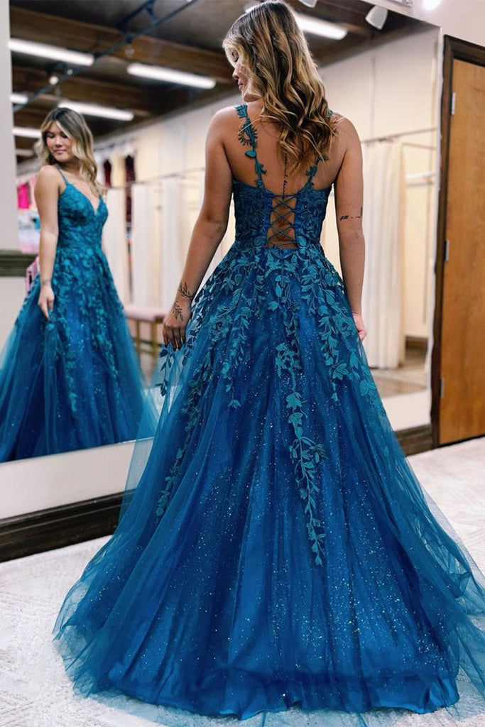 V Neck Open Back Blue Lace Long Prom Dress, Blue Lace Formal Dress, Bl