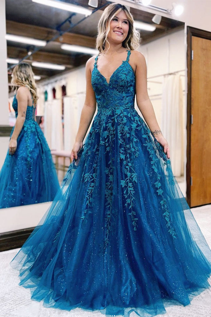 V Neck Open Back Blue Lace Long Prom Dress, Blue Lace Formal Dress, Blue Evening Dress A1724
