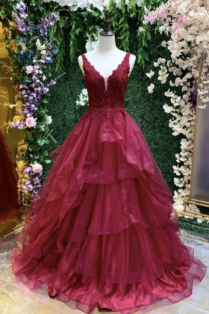 V Neck Open Back Burgundy Lace Long Prom Dress, Burgundy Lace Formal E abcprom V Neck Open Back Burgundy Lace Long Prom Dress, Burgundy Lace Formal E abcprom