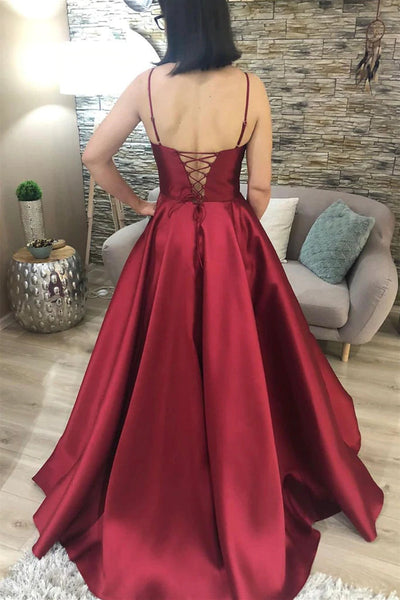 V Neck Open Back Burgundy Satin Long Prom Dress, V Neck Burgundy Formal Graduation Evening Dress A1585