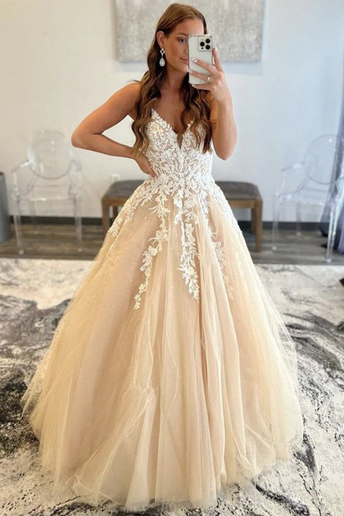 V Neck Open Back Champagne Lace Long Prom Dress, Champagne Lace Formal – abcprom V Neck Open Back Champagne Lace Long Prom Dress, Champagne Lace Formal – abcprom